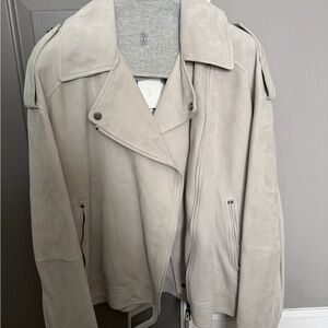 Brunello Cucinelli Soft Light Gray Suede Biker Jacket